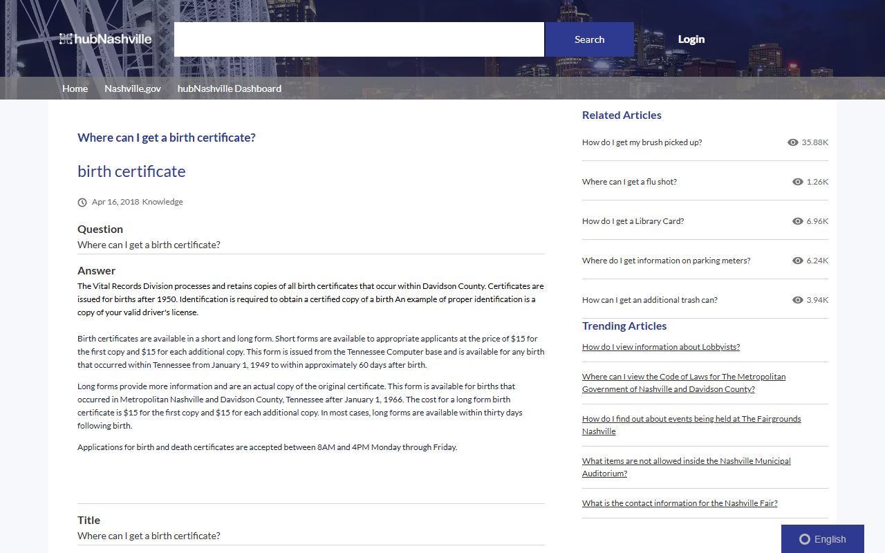 Nashville birth certificate information page