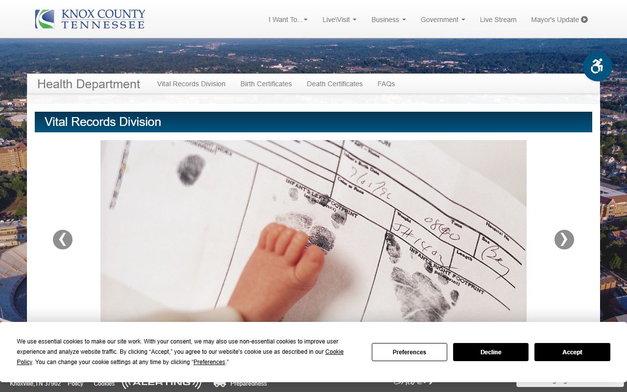 Knox County Health Department vital records page for birth certificates in Knoxville Tennessee