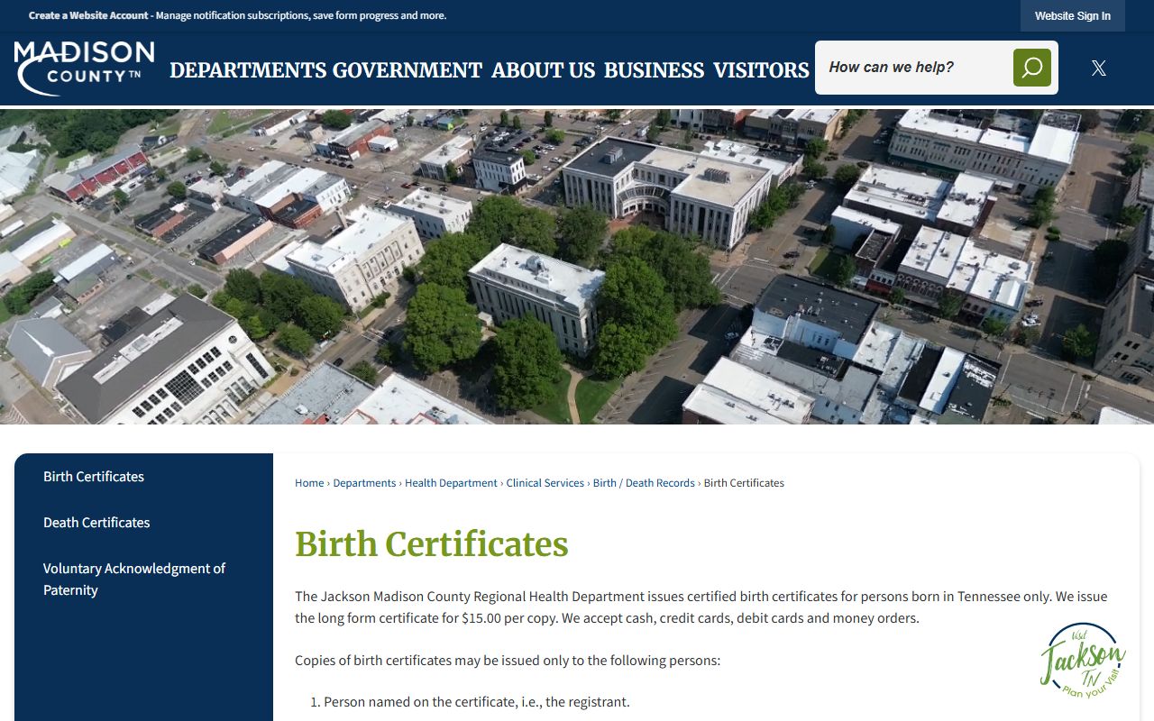 Madison County Health Department birth certificate page for Madison County birth records