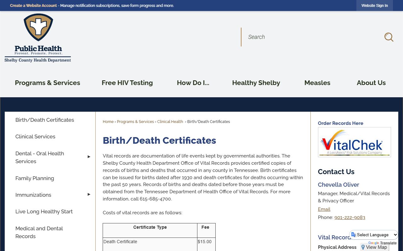 Shelby County Health Department Office of Vital Records birth certificate page in Memphis