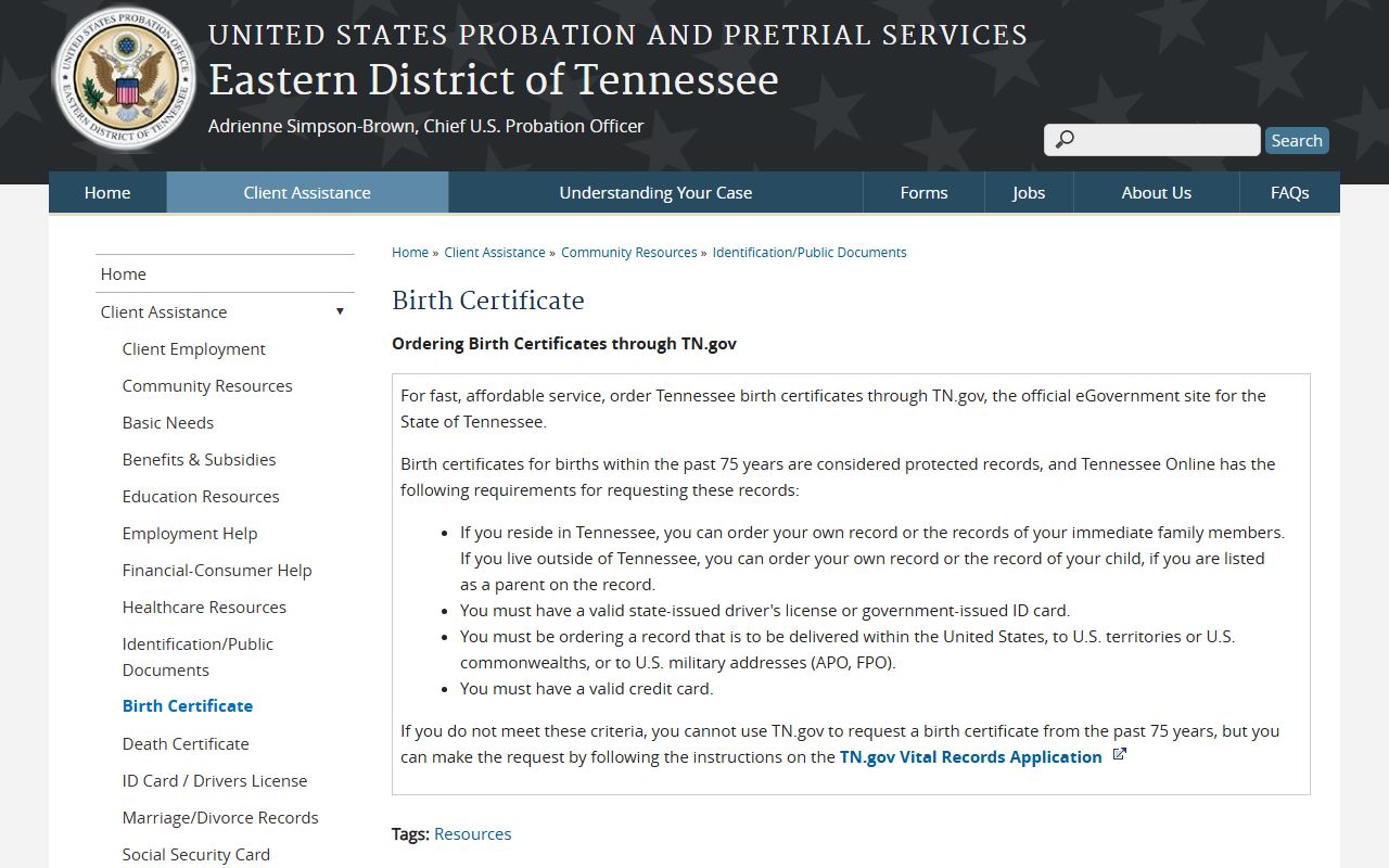 Tennessee Birth Certificates federal court information page for Eastern District of Tennessee