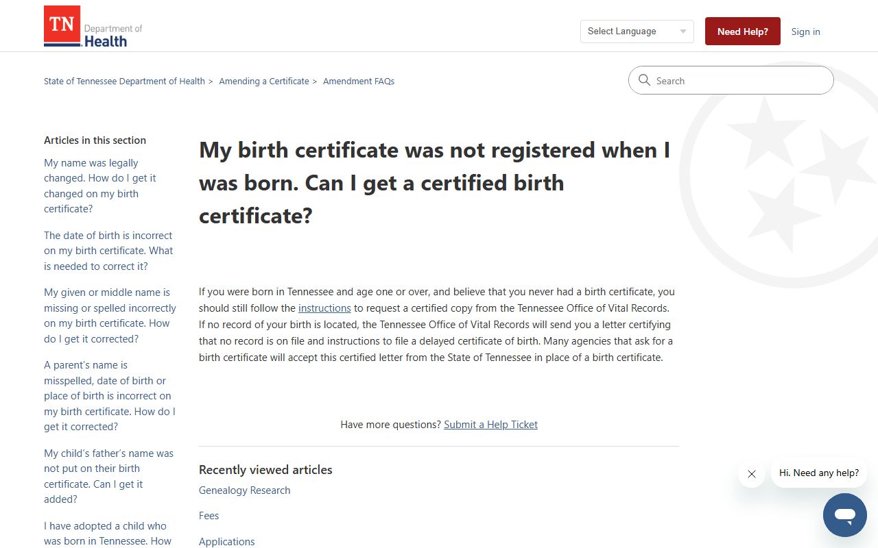 Tennessee birth records amendment and delayed registration information page