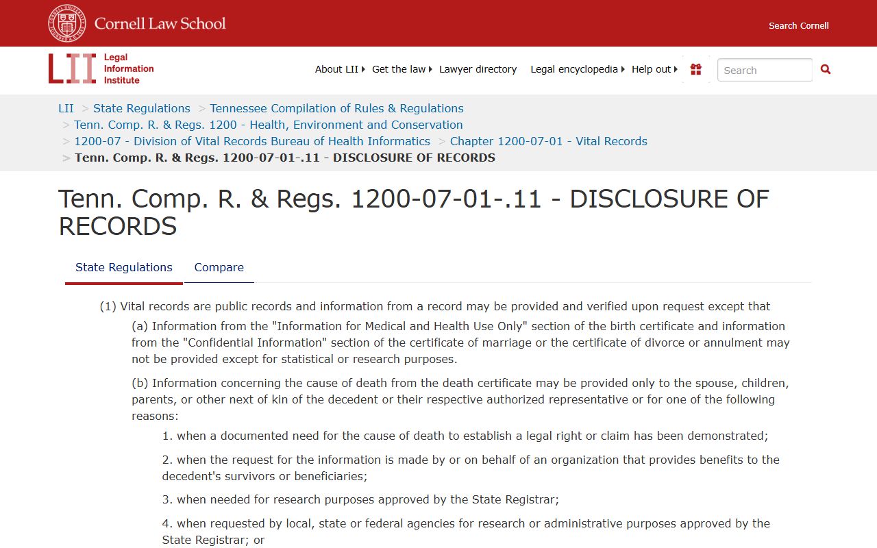 Tennessee Code Annotated vital records statutes page showing regulations for birth records