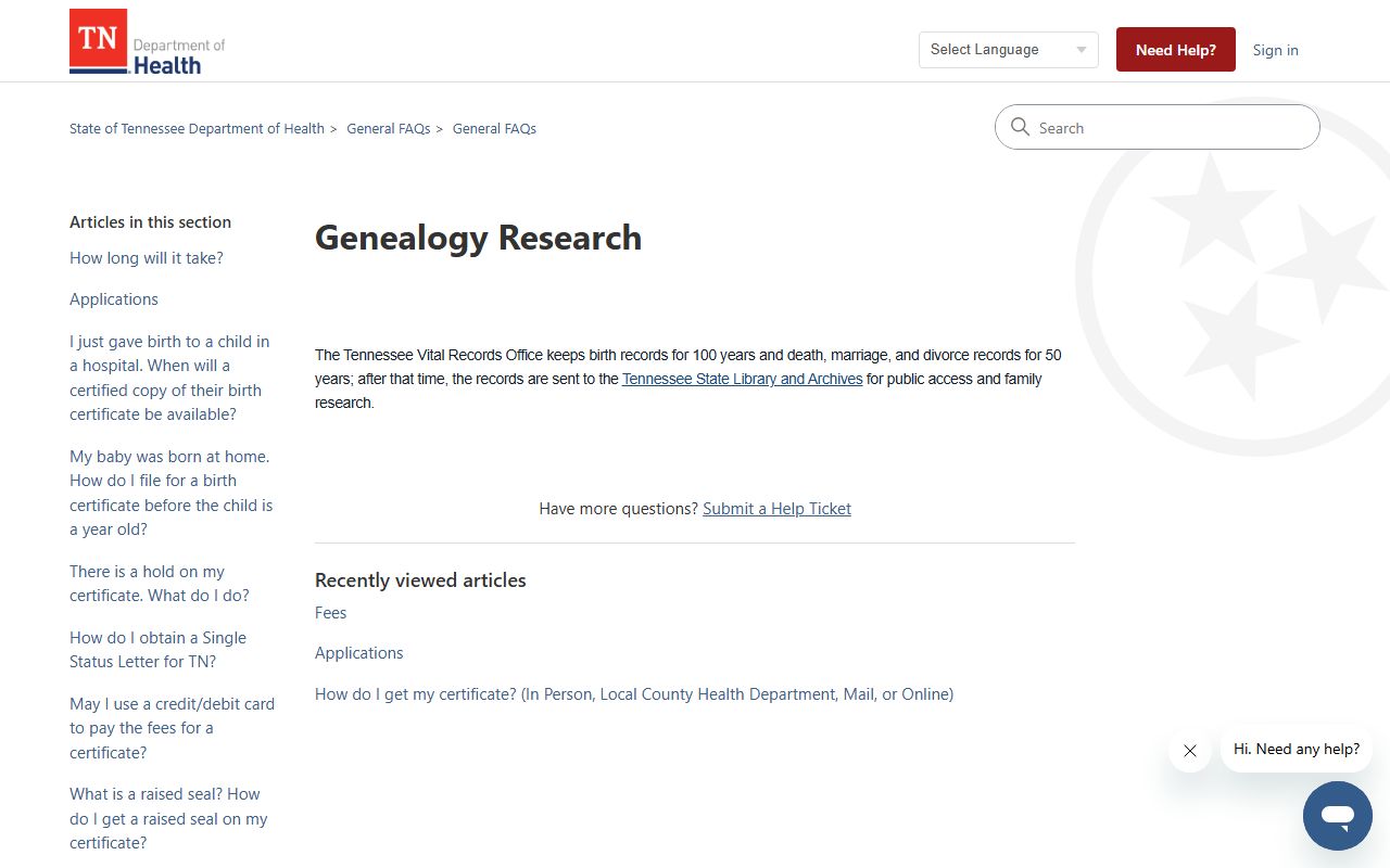 Tennessee Vital Records genealogy research page with historical birth records information