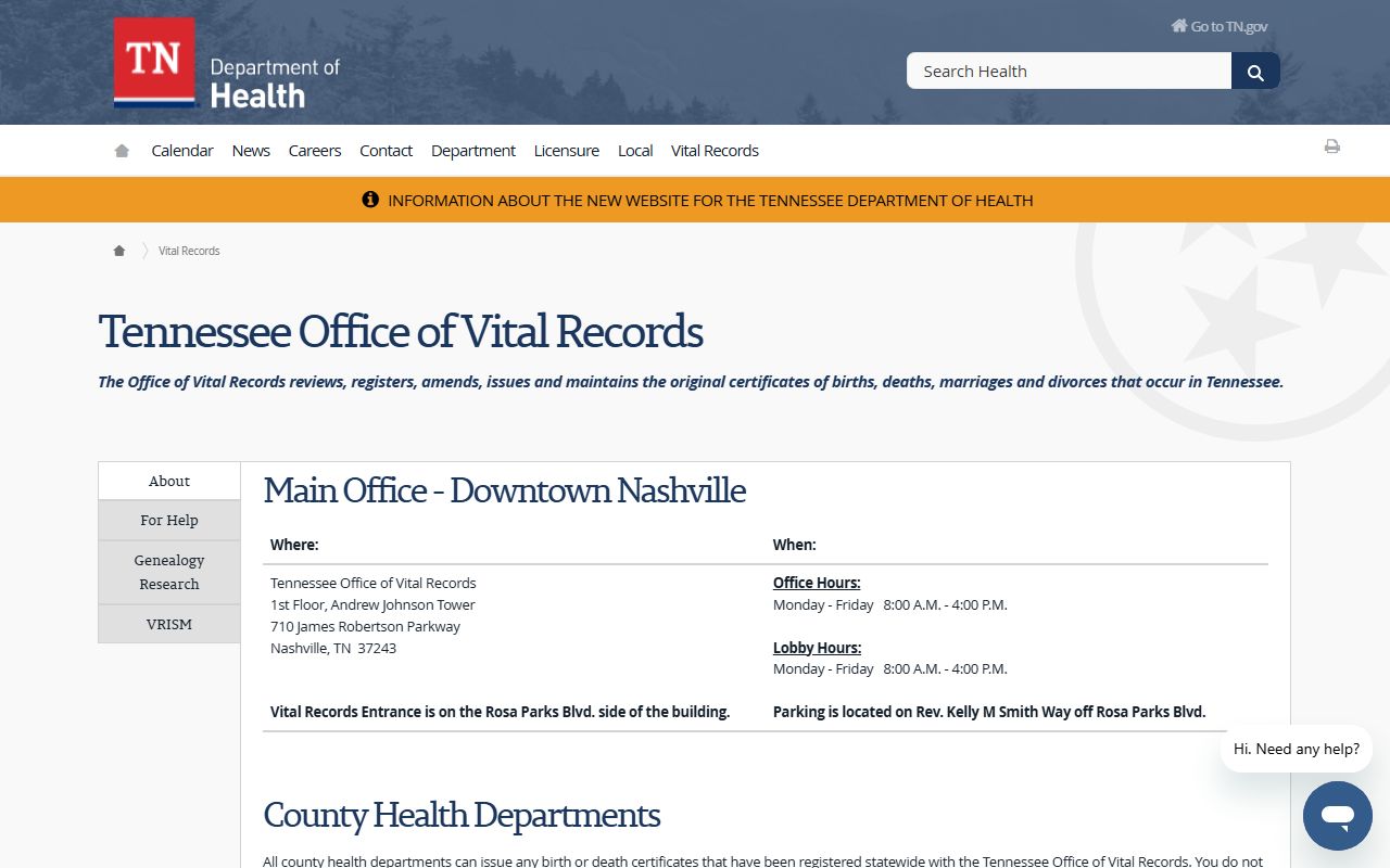 Tennessee Office of Vital Records official portal for birth records