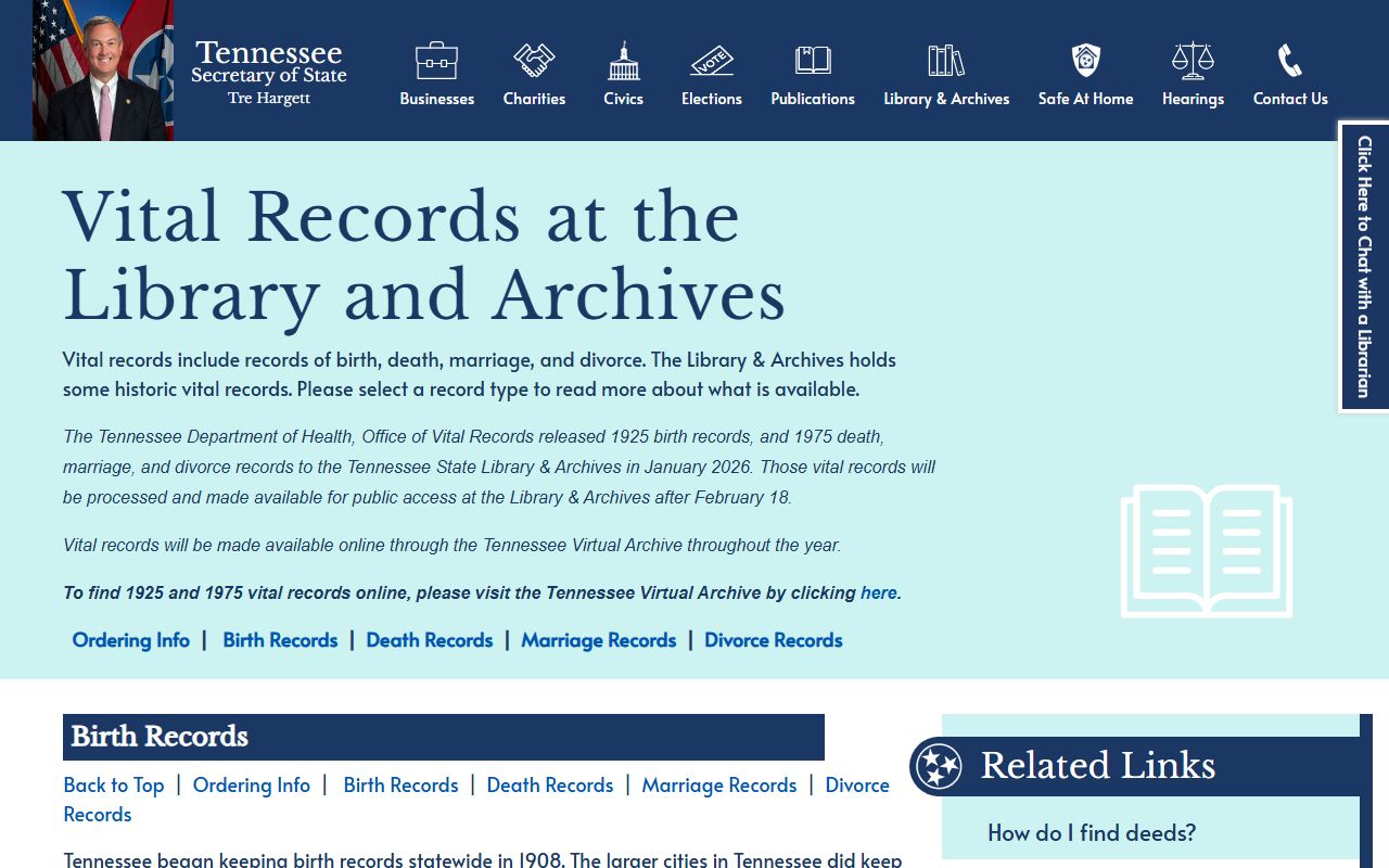 Tennessee State Library and Archives vital records guide page for birth records research