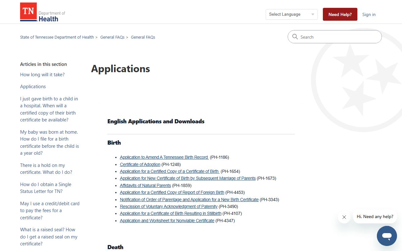 Tennessee Vital Records applications page showing available forms for birth certificate requests