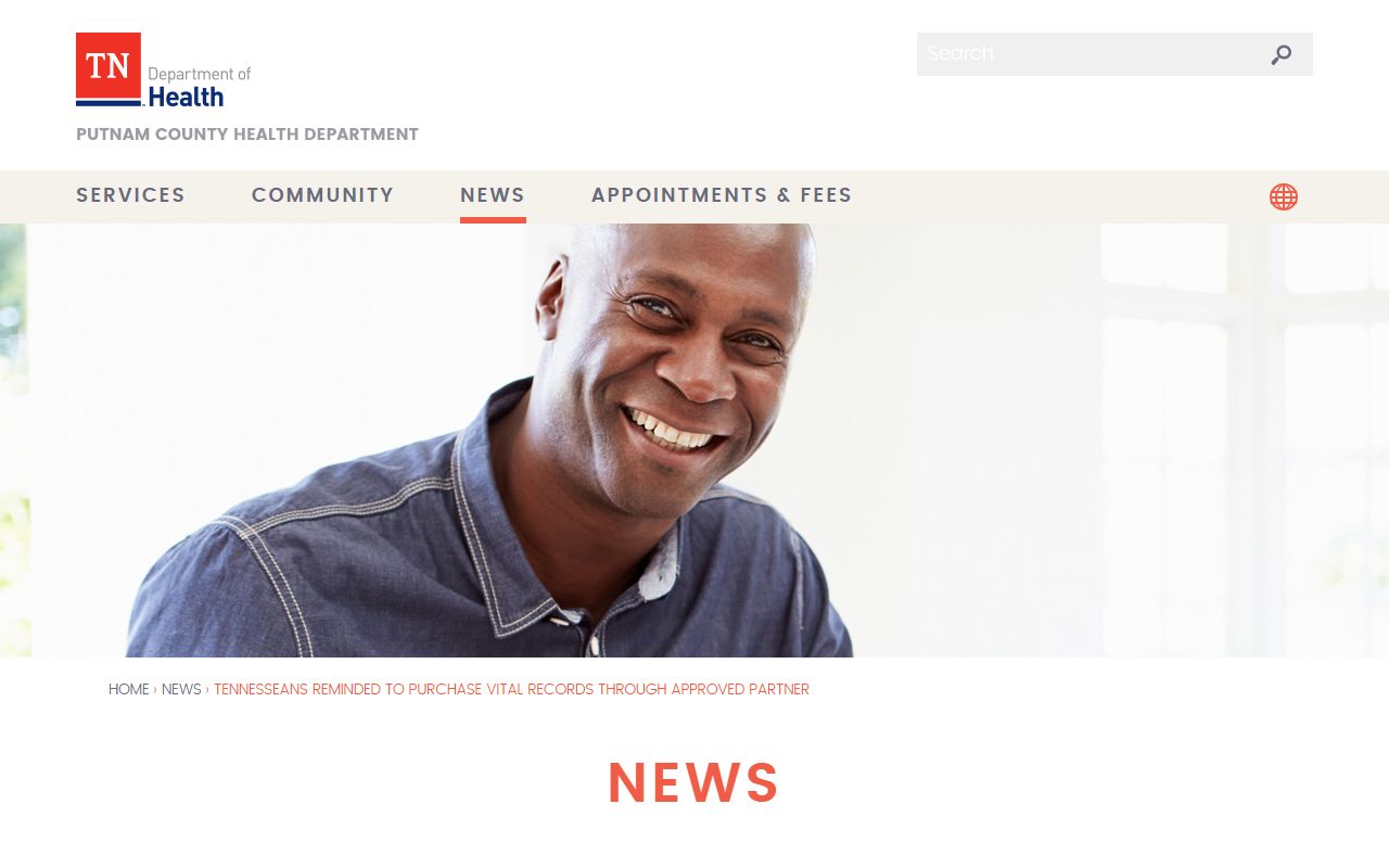 Tennessee vital records approved vendor reminder page from Putnam County Health Department