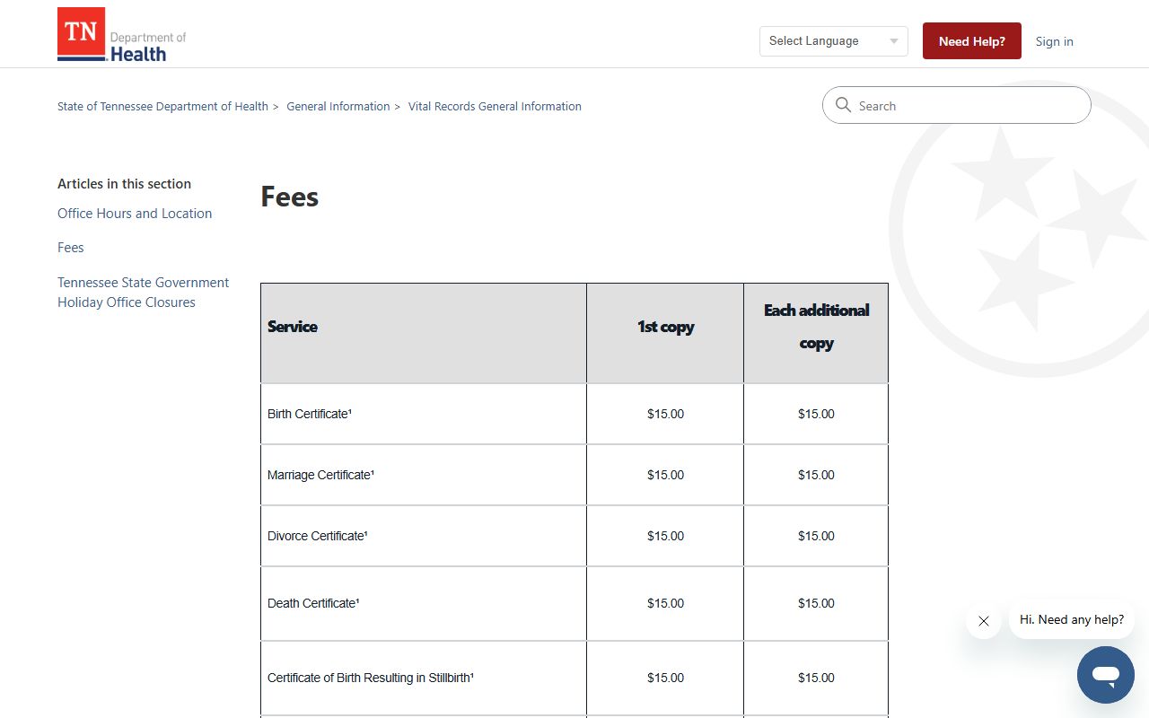 Tennessee Vital Records official fee schedule for birth certificates