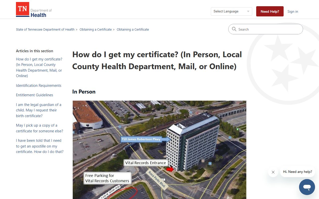 Tennessee Vital Records help page explaining how to get a birth certificate in person, by mail, or online